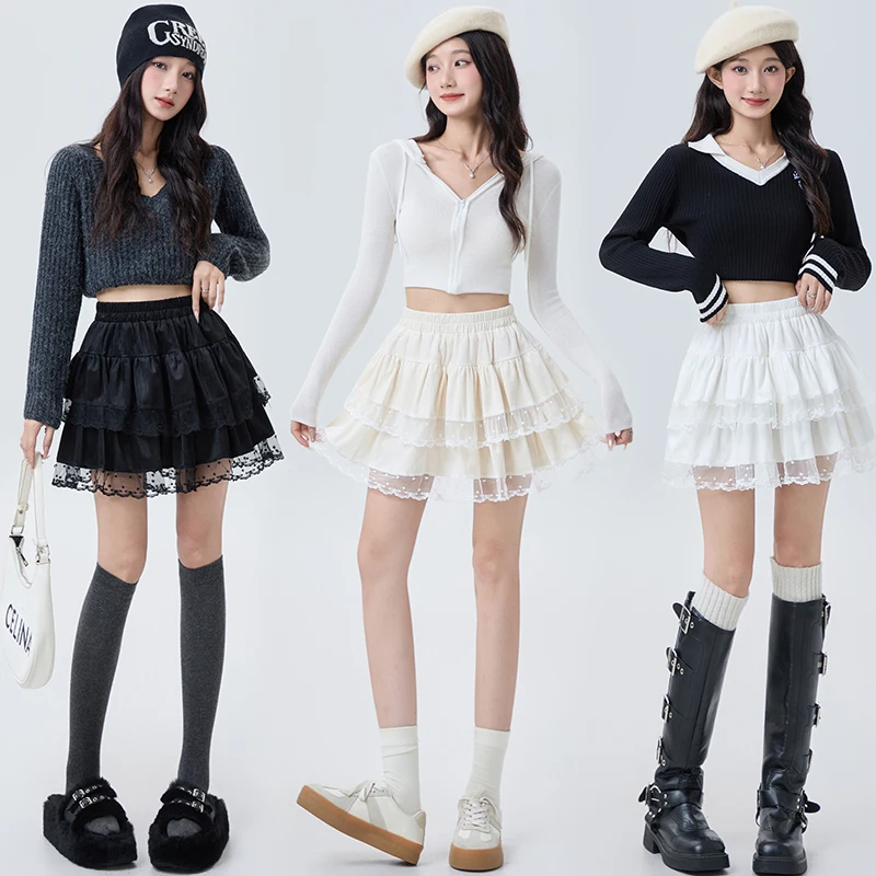 Y2K Fluwelen Taartrok Vrouwen Hoge Taille Balletstijl Kanten Rand Pluizige Korte Rok Herfst Winter Afslanken Een Lijn