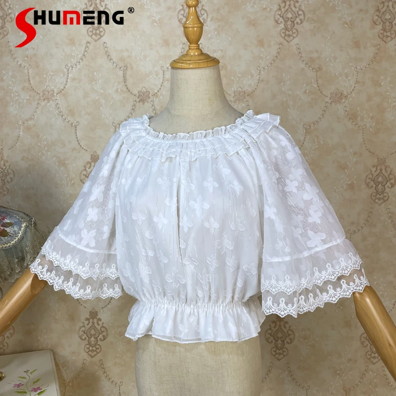 

2024 Summer Lolita Chiffon Blouse Innerwear Sweet Versatile Loose Off Shoulder Half Sleeve Solid Color Top Loose Comfort Blouse