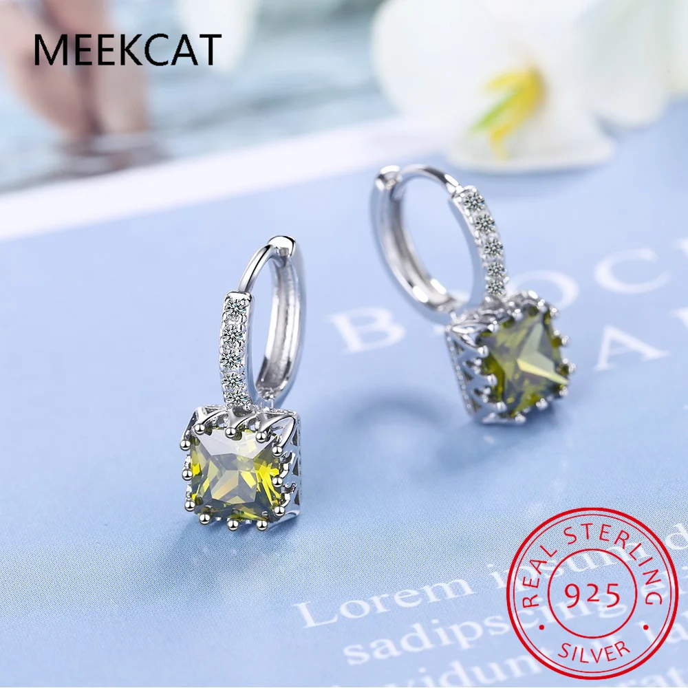 

Genuine Natural Green Peridot 925 Sterling Silver Square Hoop Earrings for Women Fashion Statement Gemstone Jewelry Huggies