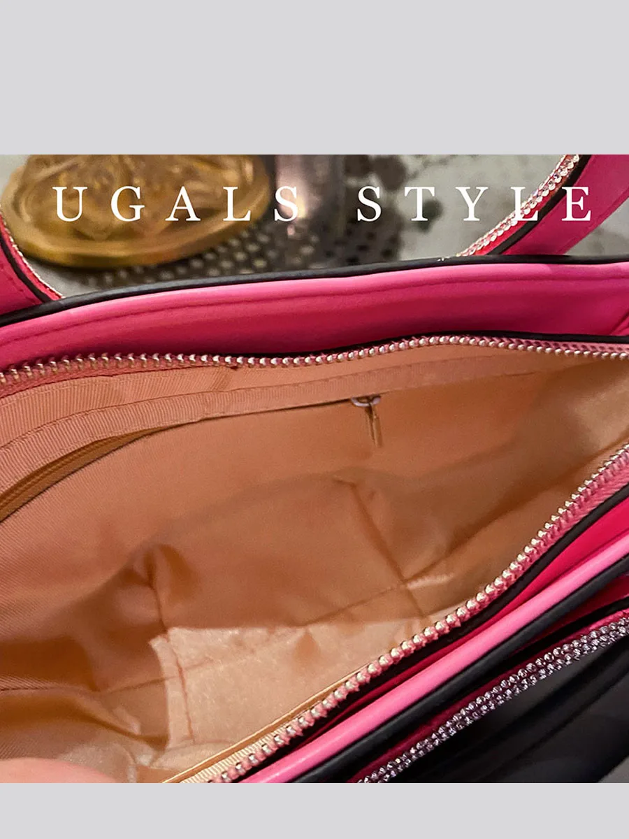 UGALS Shiny Retro Ring Water Diamond Tote Bag Casual Simple Style Hard Handle Basket Shape PU Leather Evening Party Bag