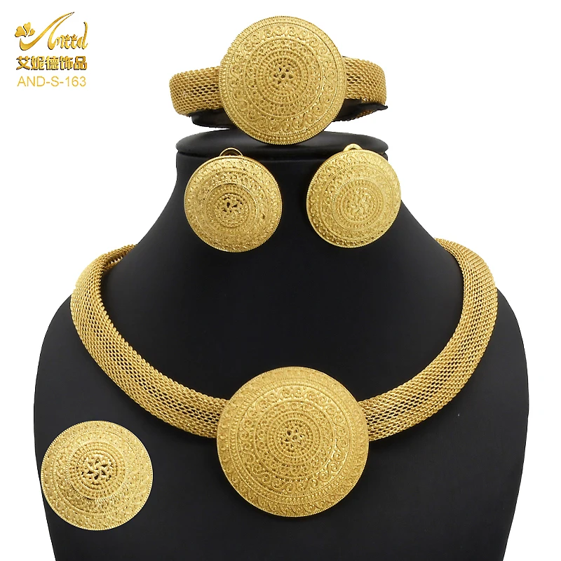 African Gold Plated Jewelry Sets Indan Wedding Party Dubai Big Roung Necklace Earrings Bracelet Rings Set Jewellery For Women