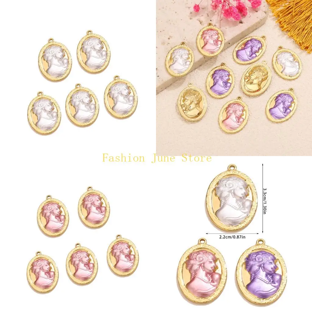 

N5KA Pack of 5 Vintage Lady Cameo Pendants Stainless Steel Jewelry Making Supplies