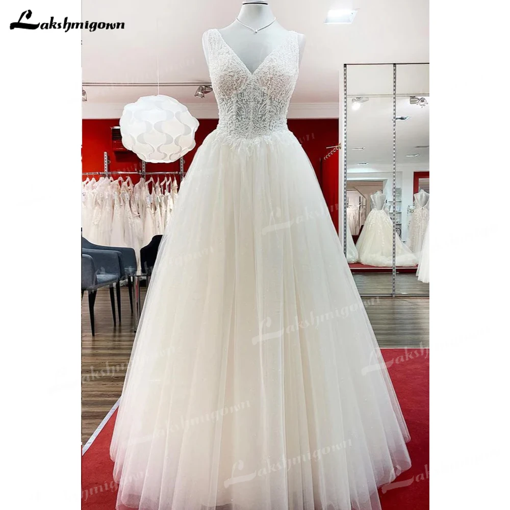 Charming Unique Ivory Long Princess Wedding Dress V-neck Tulle Lace Spring Summer Fall Sweep Train Sleeveless Floor-length