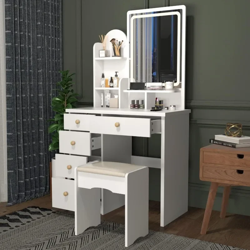 Makeup Vanity Set with Drawer and Shelf, Wood Dressing Table with Lighted Screen Mirror