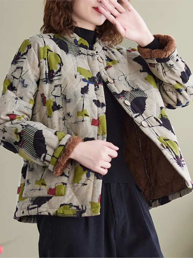 Abrigo de algodón de gran tamaño para mujer, chaqueta de manga larga con estampado de flores, informal, holgada, a la moda, para invierno, 2023