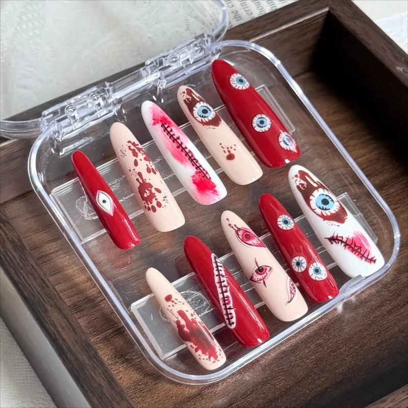 Halloween Press On Nails, Red Hand Painted Scar and Eye Design, Gothic False Nails, Spooky Nail Art