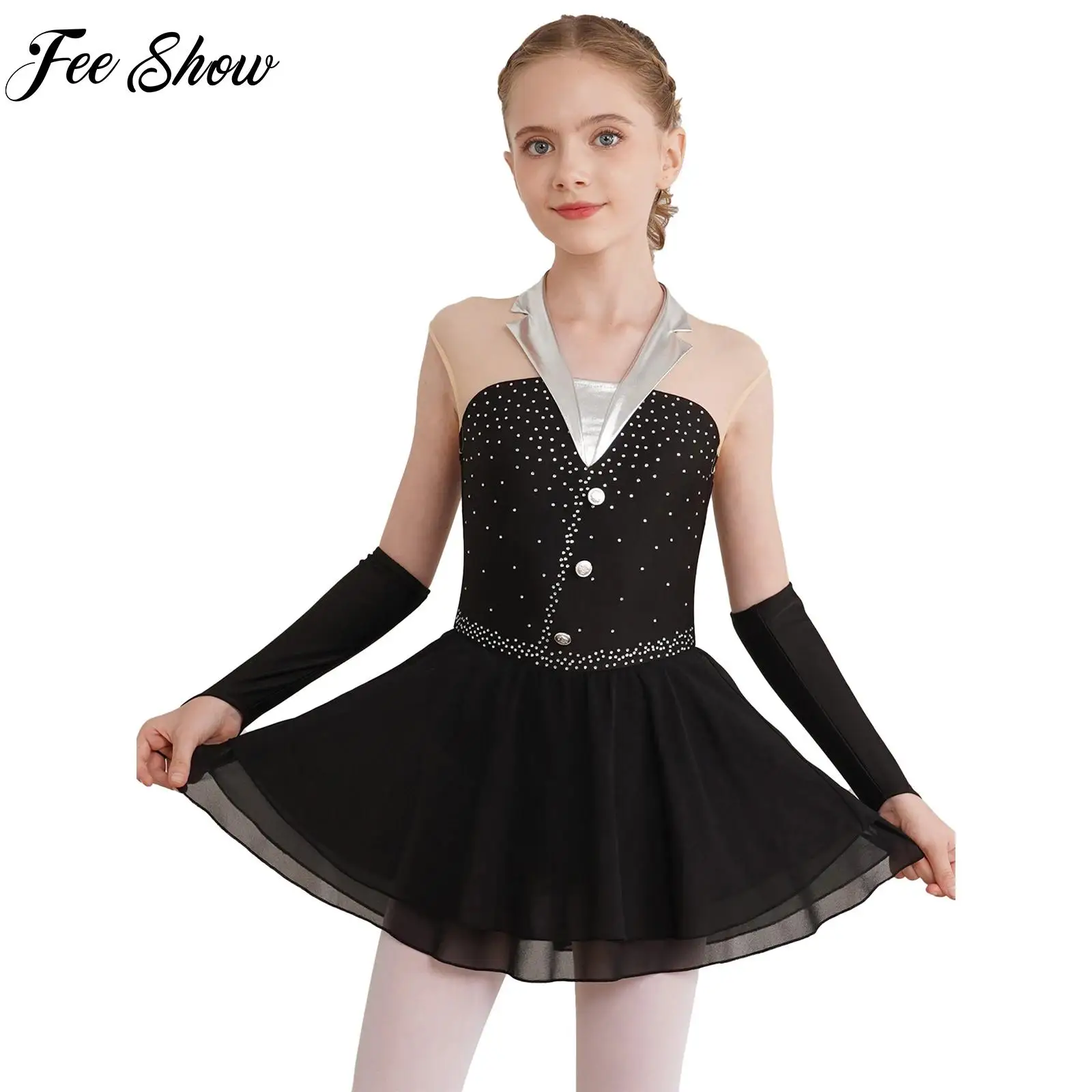 Children Girls Rhinestones Ballet Latin Dance Dress Sparkly Sleeveless Dress Gloves Set Dance Figure Skating Gymnastics Clothing