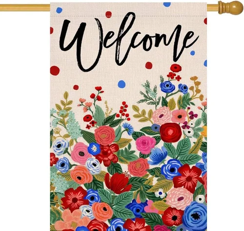 Patriotic Floral House Flag 28 X 40 Inch Welcome 4Th of July Memorial Day Vertic 7445040419437 AAV hhz
