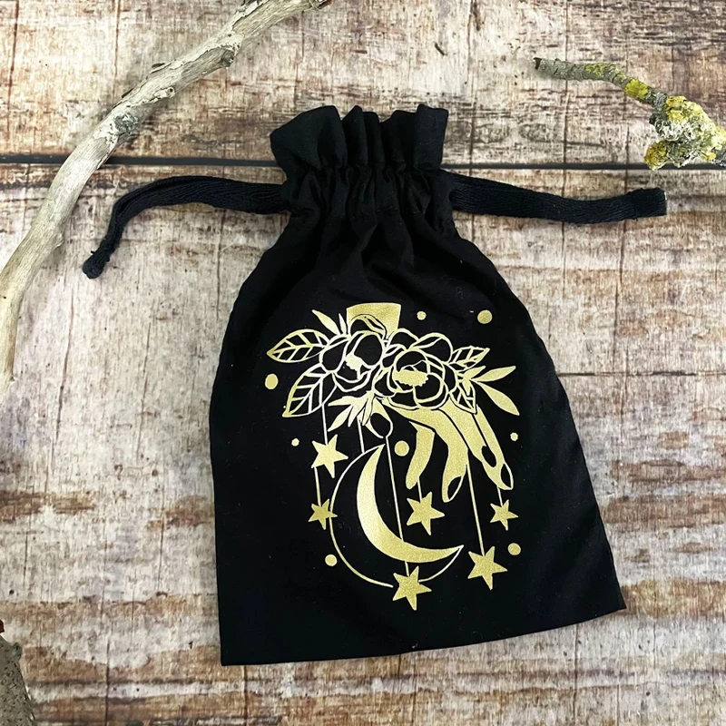 

5pcs Golden Moon Magick Black Velvet Drawstring Gift Bags Jewelry Bag Pouch for Tarot Cards Halloween Party Decorate Accessories