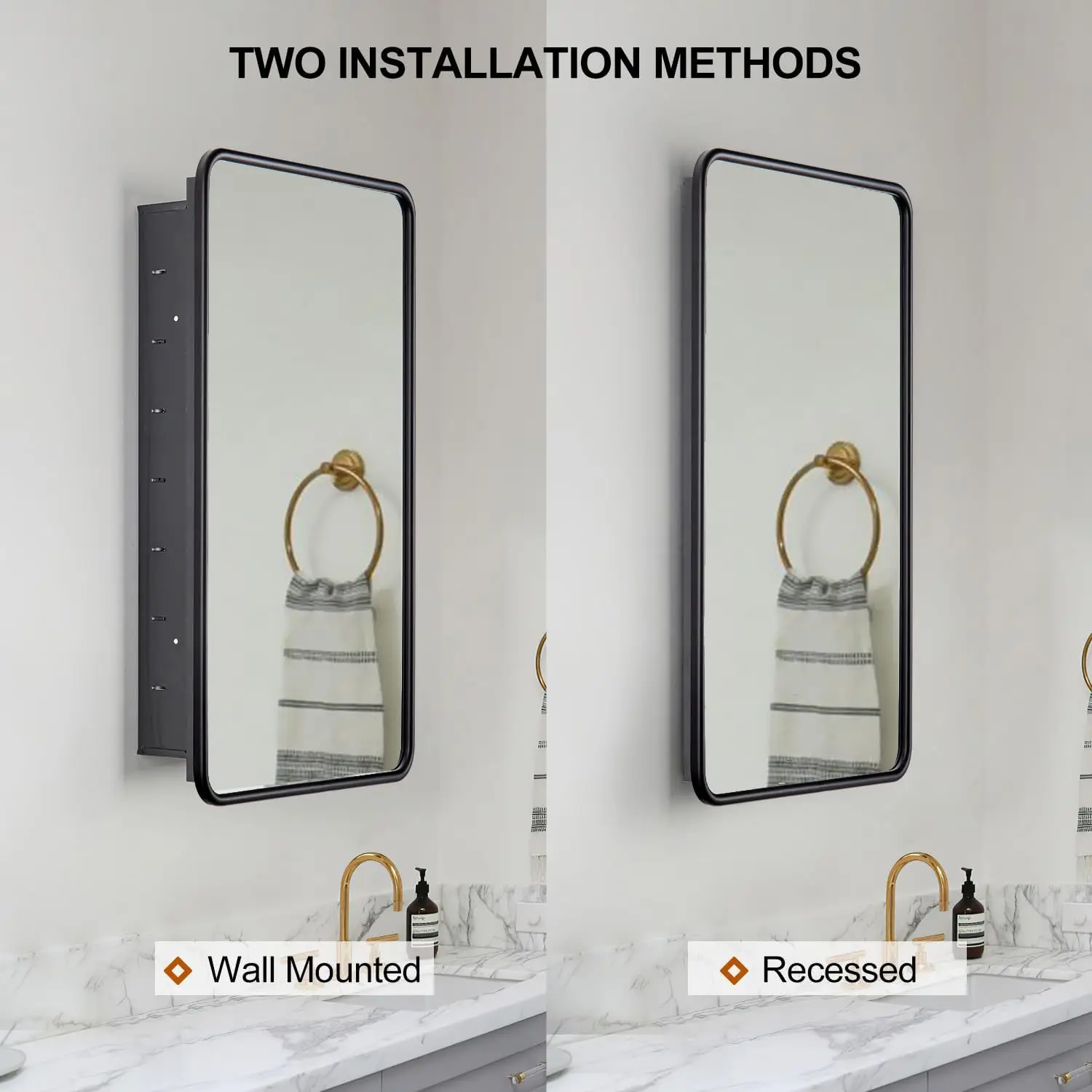 Modern Rectangle Bathroom Medicine Cabinet, Wall Mounted Or Recessed Mirror Storage Cupboard Featuring Single Door And Adjustable Shelves For Cosmetics Toiletries Restroom, Black view 5
