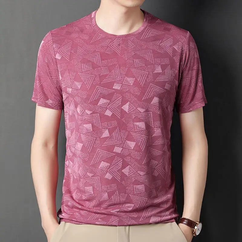 Mulberry Silk Men's Short-sleeved T-shirt Loose Jacquard Half-sleeved T-shirt with Trendy Casual Ice Silk Base Shirt