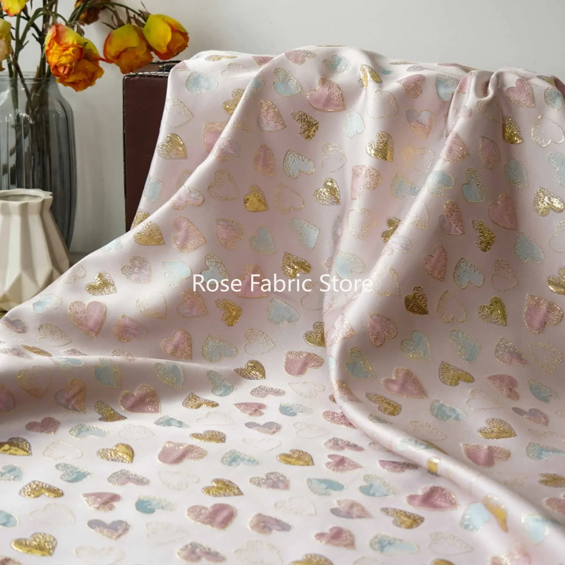 

1 meter Embossed Gold Silk Heart Shaped Jacquard Fabric Fashion Dress Skirt Jacket Handbag Decorative Sewing Fabric