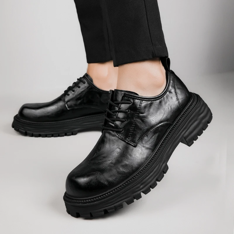 

New Black thick soled men's leather shoes Trendy and versatile minimalist style Office leisure outdoor party high-quality shoes