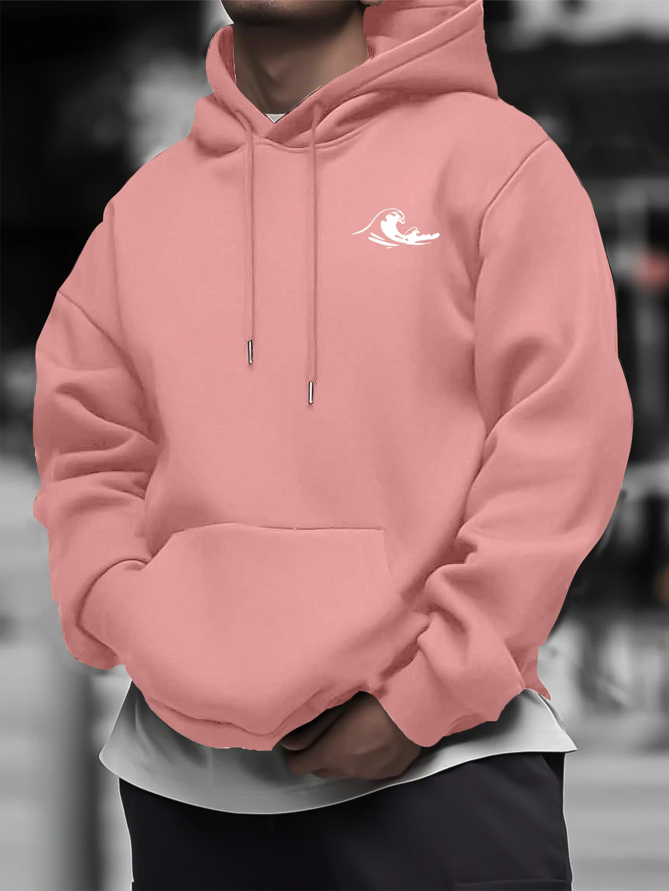 Men's hooded sweatshirt with wave pattern knit, slightly stretchy, long sleeves, bow pocket, everyday street style, sports shirt