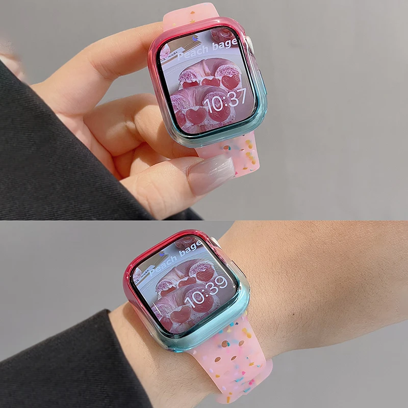 Cute Jelly Color Dot Hole Silicone Strap For Apple Watch 49 45 44 42 41 40 38MM Gradient Case Set For iWatch 9 8 7 6 5 SE Ultra2