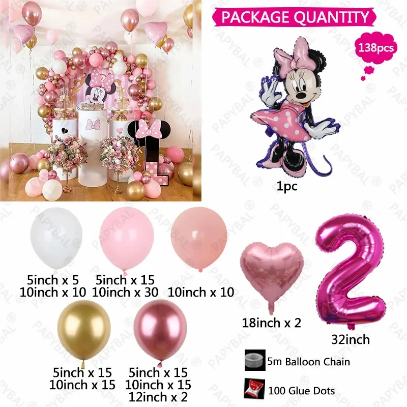 138pcs Disney Minnie Mouse Theme Party Balloon Arch Garland Kit Kids Girls 1-9th Birthday Party Decorations Baby Shower Globos