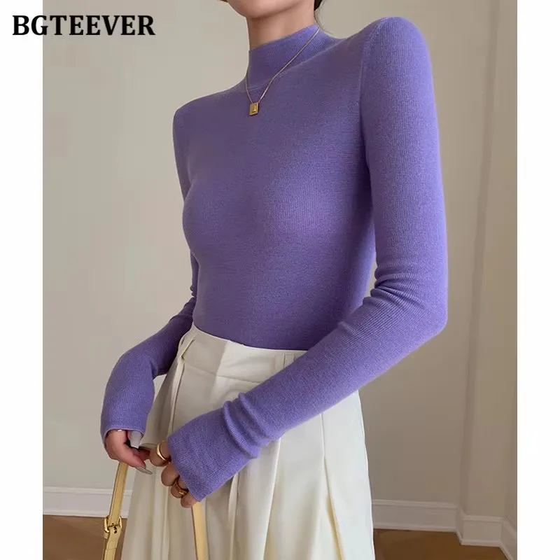 

BGTEEVER Autumn Winter Half High Collar Ladies Stretched Pullovers Sweaters Elegant Full Sleeve Women Knitted Skinny Jumpers
