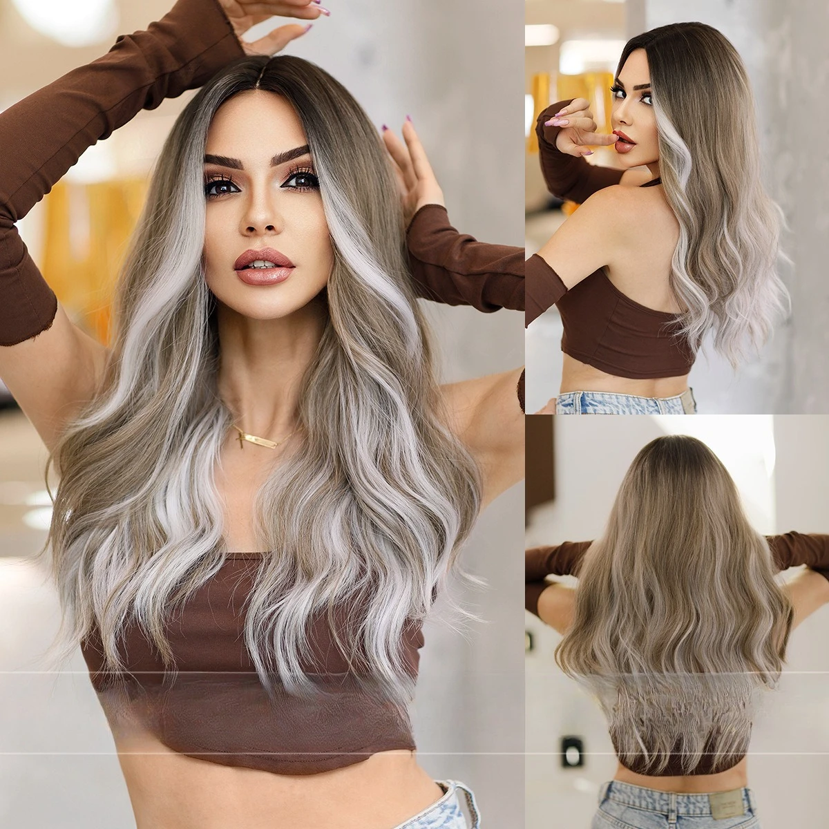 

Wig gray and gold mixed color long curly hair medium high temperature silk wig female full headgear
