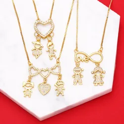 FLOLA Copper Zircon Boy and Girl Necklace Couple Jewelry Gold Plated Chain Love Heart Necklace Crystal Jewelry Gifts nkeb188