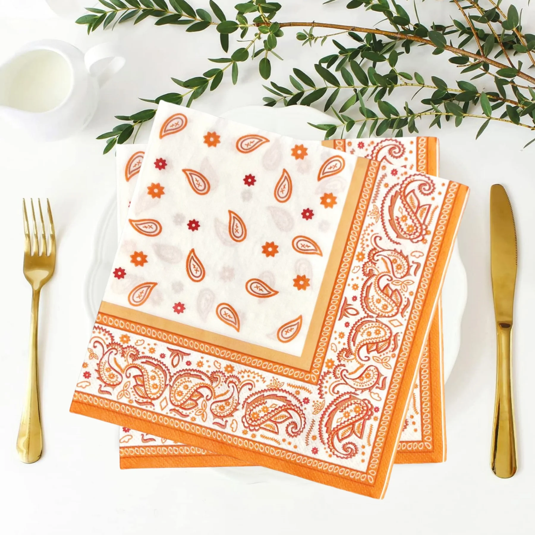 24pcs/48pcs Orange Patterned Napkins Disposable Boho Decorative Napkins Table Decoration & Dining Supplies Best Choice for Party