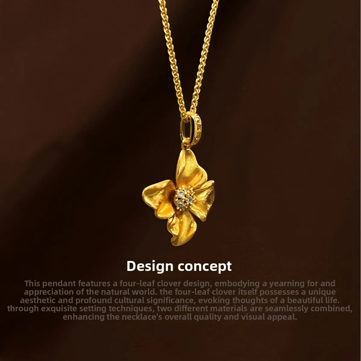 Chinese Style Lucky Four Leaf Clover Necklace Gold Plated Textured Flower Pendant Inlaid Cz Choker Fortune Blessing Jewelry For