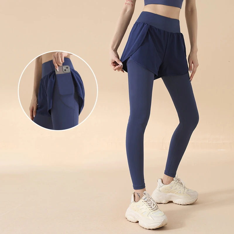 

New Fake Two-piece High-elastic Yoga Pants Anti-exposure Running Sports High Waist Hip-lifting Fitness Pants