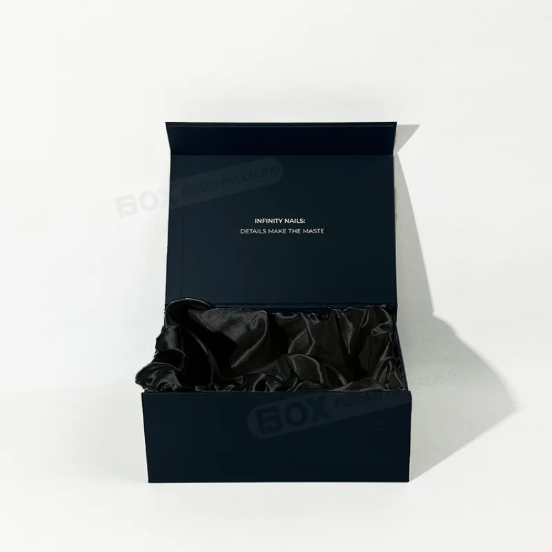 Custom  Logo Luxury Package Box With Satin Inside Packing Magnetic Black Satin Insert Lined Folding Gift Box