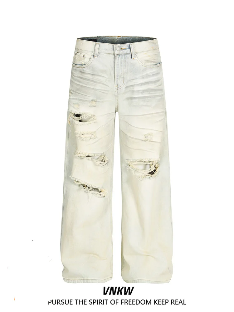 

Ретро американские широкие джинсы с белыми и синими дырками, мужская модная рабочая одежда, брюки длиной до пола, женские прямые брюки