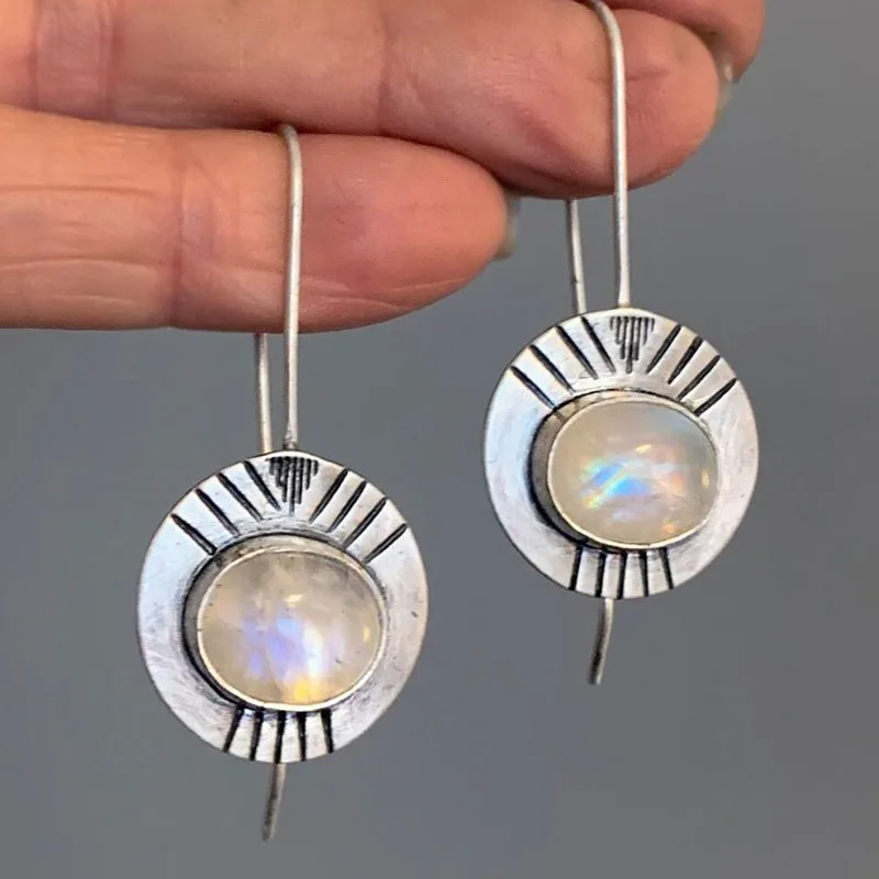 

Vintage Inlaid Imitation Moonstone Dangle Women's Earrings Silver Color Hand Carving Daily Wear Party Jewelry Anniversary Gift