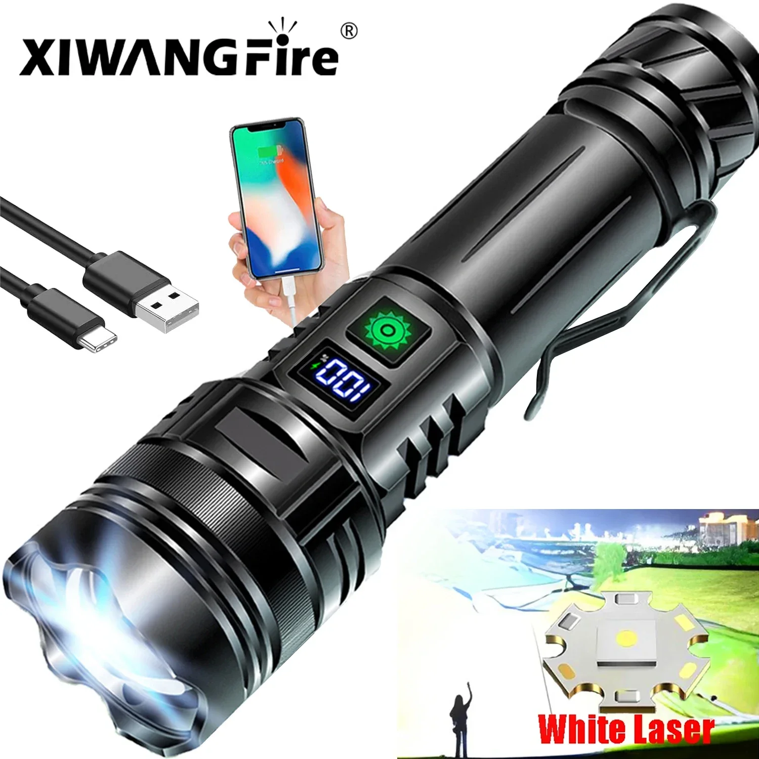 High Power LED Flashlight Type-C USB Rechargeable Long Range Tactical Torch Strong Light Lamp Outdoor Ultra Powerful Flash Light