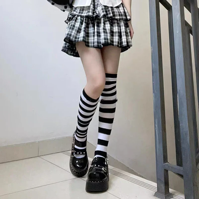 Color Striped Stockings Japanese Over Knee Socks Sexy Slim Long Soks Black White Striped Hosiery Thigh High Stockings Knee