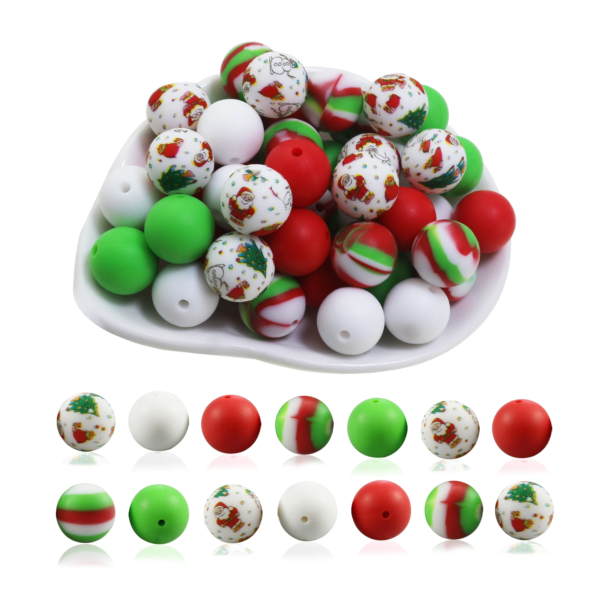 10Pc/Lot Christmas Print Silicone Beads Xmas Designs For Pacifier Clip Necklace Accessories Food Grade Pearls Teething