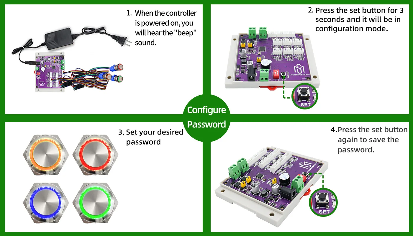 Mysteriöse Studio-Escape-Room-Requisiten Metall-Druckknopfschalter Licht 5 Farben Drücken Sie die Knöpfe in der richtigen Reihenfolge, um zu entriegeln – Detail 9
