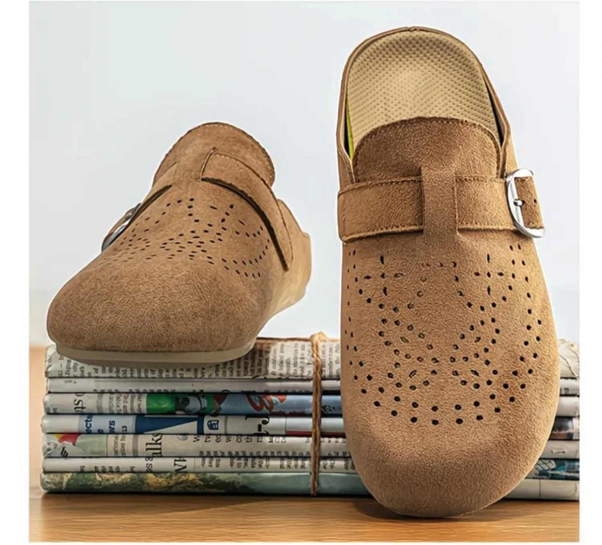 Men's Breathable Leather Mules Slip-On Flats Driving Shoes Casual Summer Sandals Lightweight Backless Loafers Outdoor Footwear