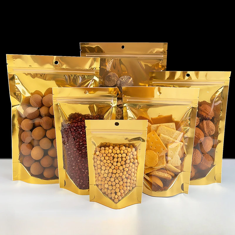 100 قطعة من رقائق الألومنيوم الذهبية مع فتحة تعليق للمكسرات والوجبات الخفيفة والمواعيد الحمراء وحقيبة التعبئة والتغليف القابلة للغلق بسحاب