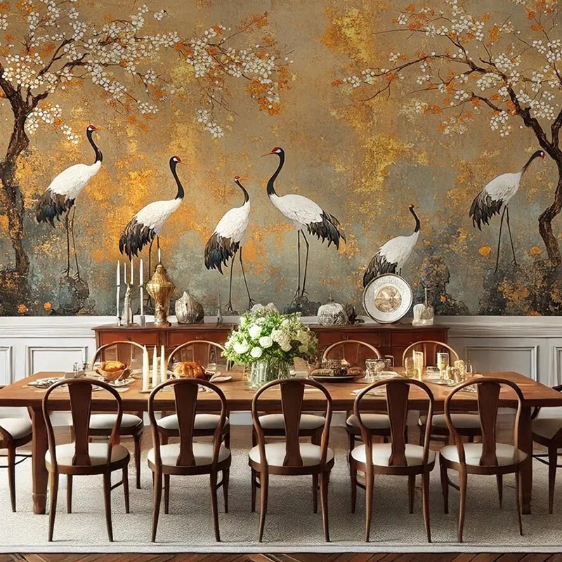 Customized Chinese style mural retro luxury red Crane plum blossom tree minimalist living room background wall 3d wallpaper