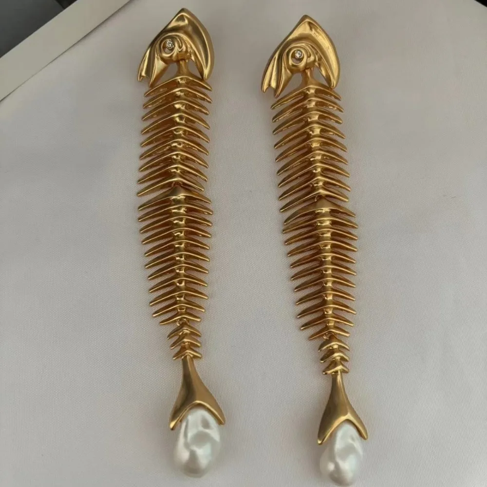 Statement New Arrival Fishbone Shape Dangle Irregular Glass Pearl Long Big Sweeping Shoulder Earrings Jewelry Accessories