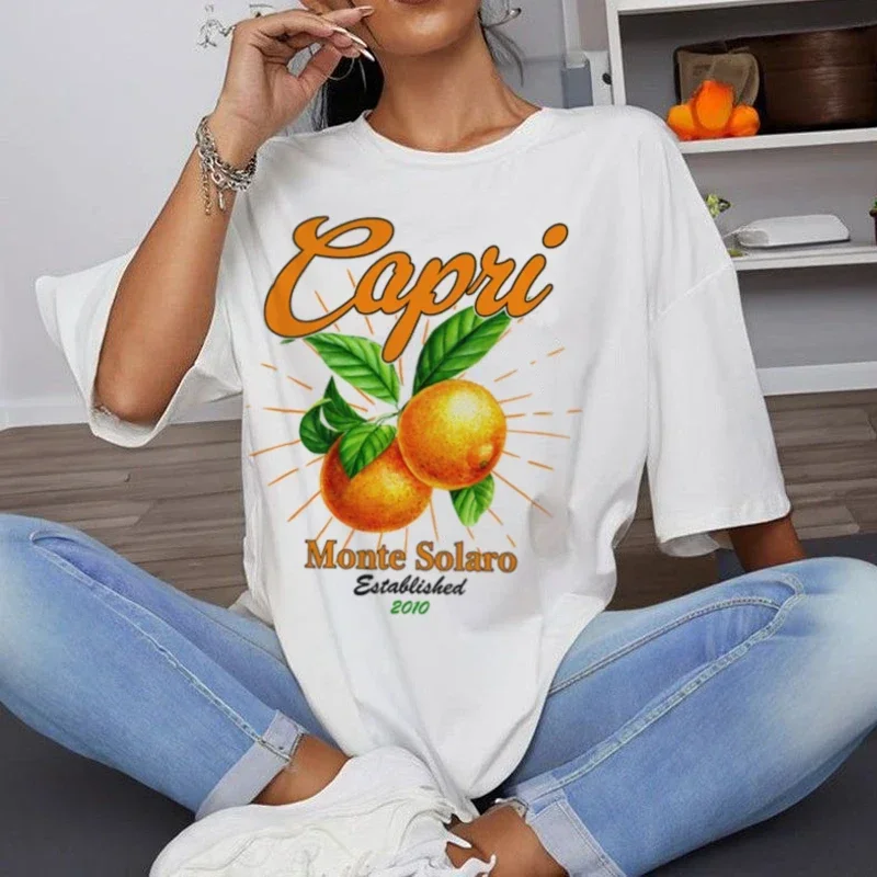 Retro Capri Orange T-Shirts for Women Cute Fruit Graphic Tees Short Sleeve Loose Italy Vacation T Shirt Vintage Aesthetic Tops