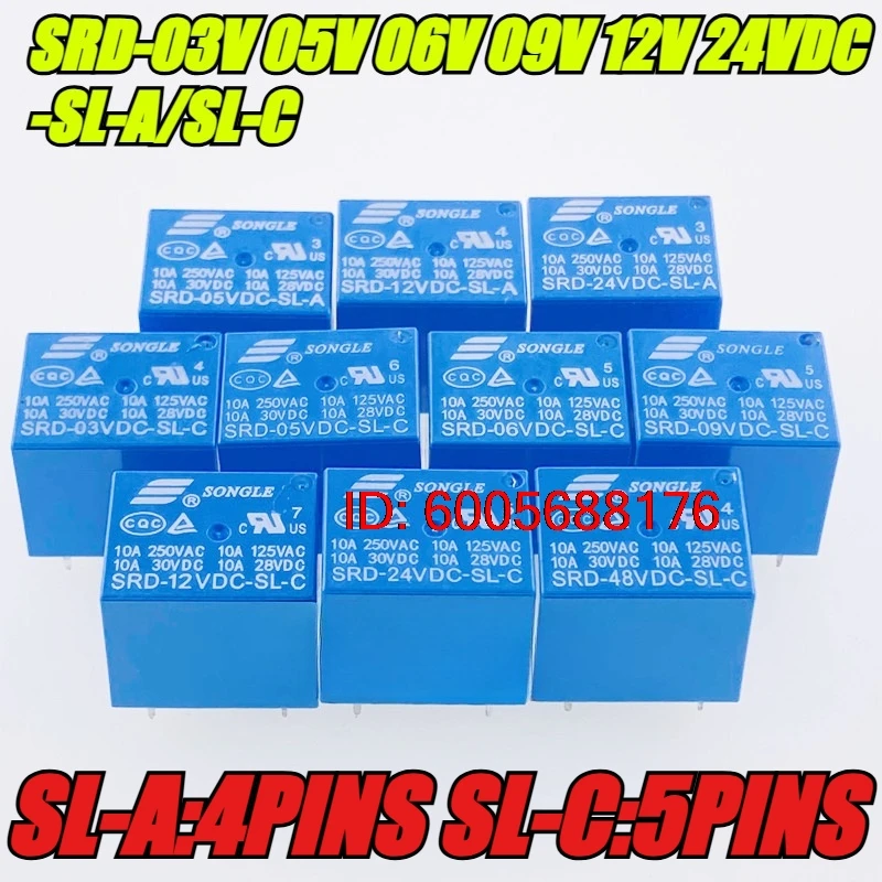 （Brand New）5pcs/lot 100% original genuine relay:SRD-3V 5V 6V 9V 12V 24V 48VDC-SL-A/SL-C 4pins SONGLE Relay 4/5pins
