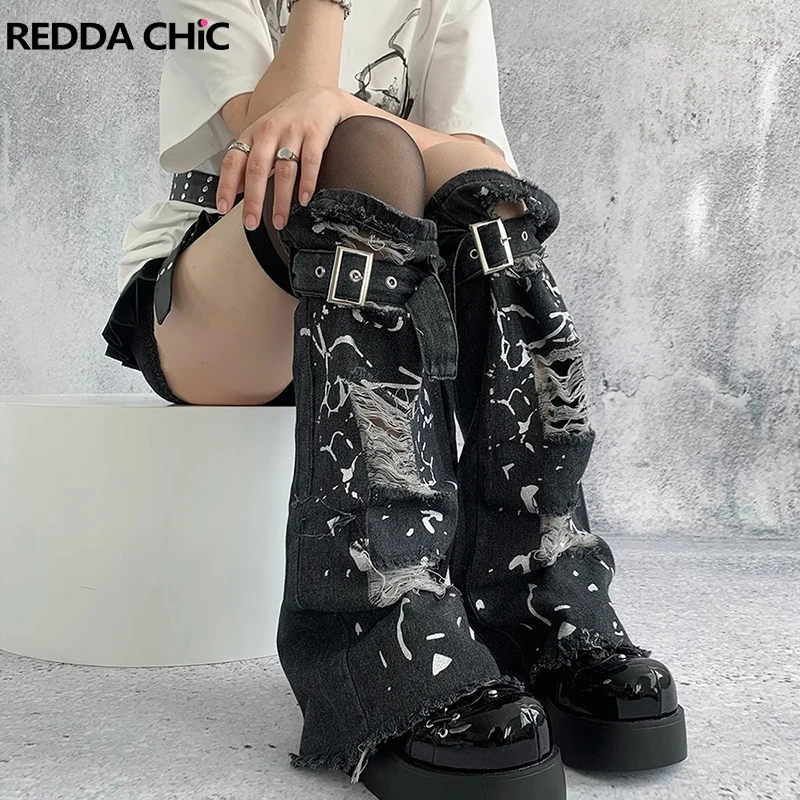 

REDDACHiC Silver Glitter Raw Edge Flare Leg Warmers Women Punk Retro Ripped Boots Cover Denim Belted Long Socks Grunge Clothes