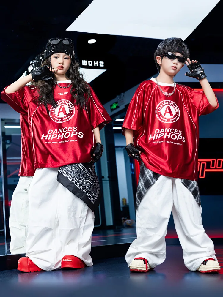 

Kid Kpop Hip Hop Clothing Red Letters Jersey T Shirt White Casual Parachute Cargo Pants for Girl Boy Jazz Dance Costumes Clothes