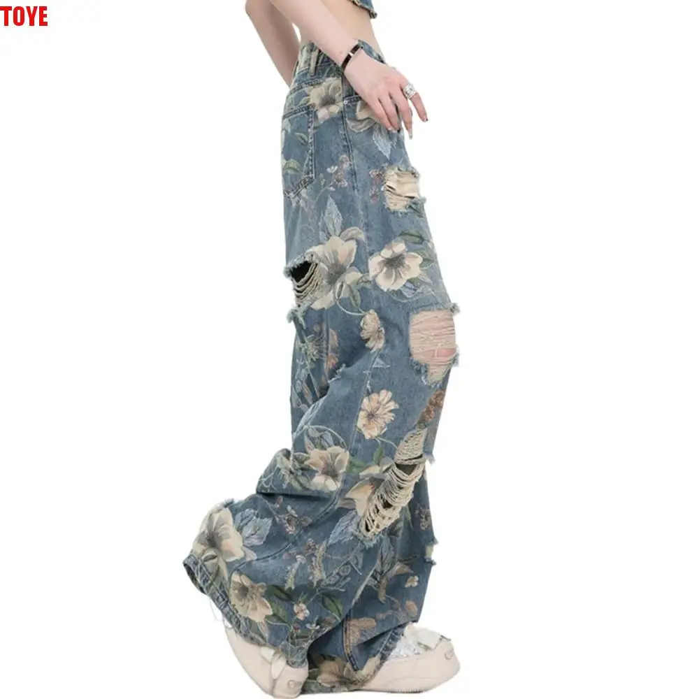 

Джинсы с цветочным принтом в стиле гранж, женские Y2K Ins, мешковатые рваные полые брюки с высокой талией, широкие ковбойские брюки с цветочным принтом, весна-осень