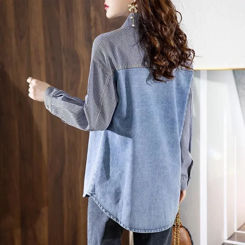 

Fashion Stitching Denim Shirt Women's Spring Autumn New Cowboy Coat Western Style Casual Jackets Striped Long-Sleeved Top Female
