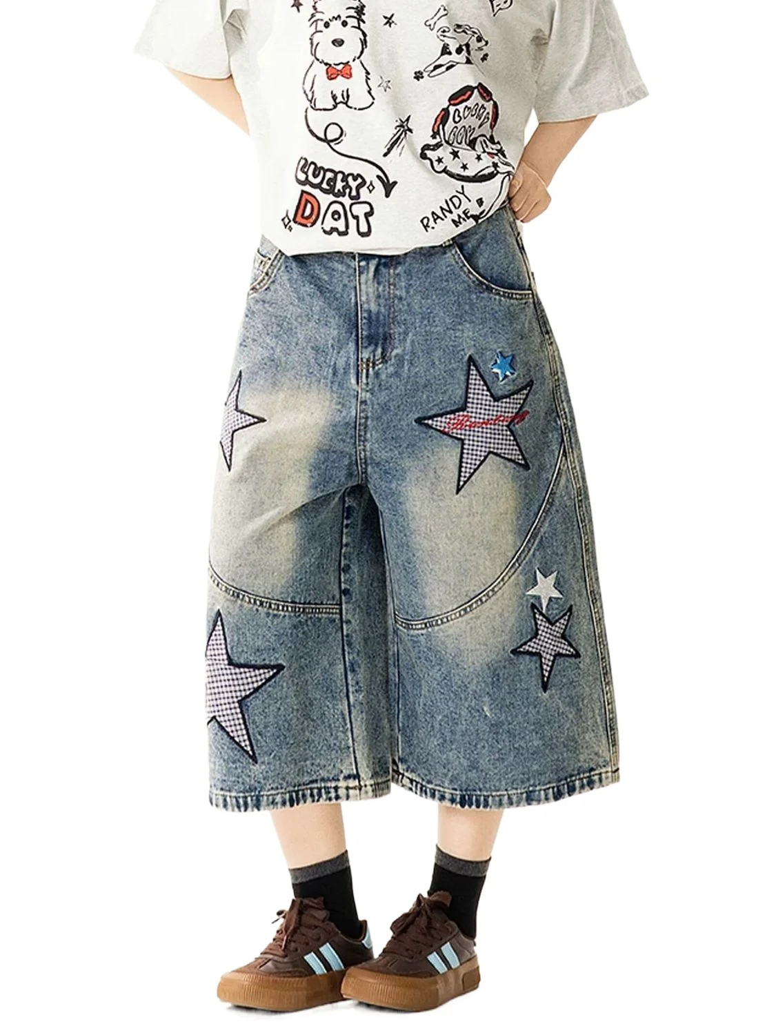 Olivegirl Denim Jeans Cowboy Women's Shorts Summer 2026 American Star Patch Embroidery Loose Wide Leg Straight Leg Pants