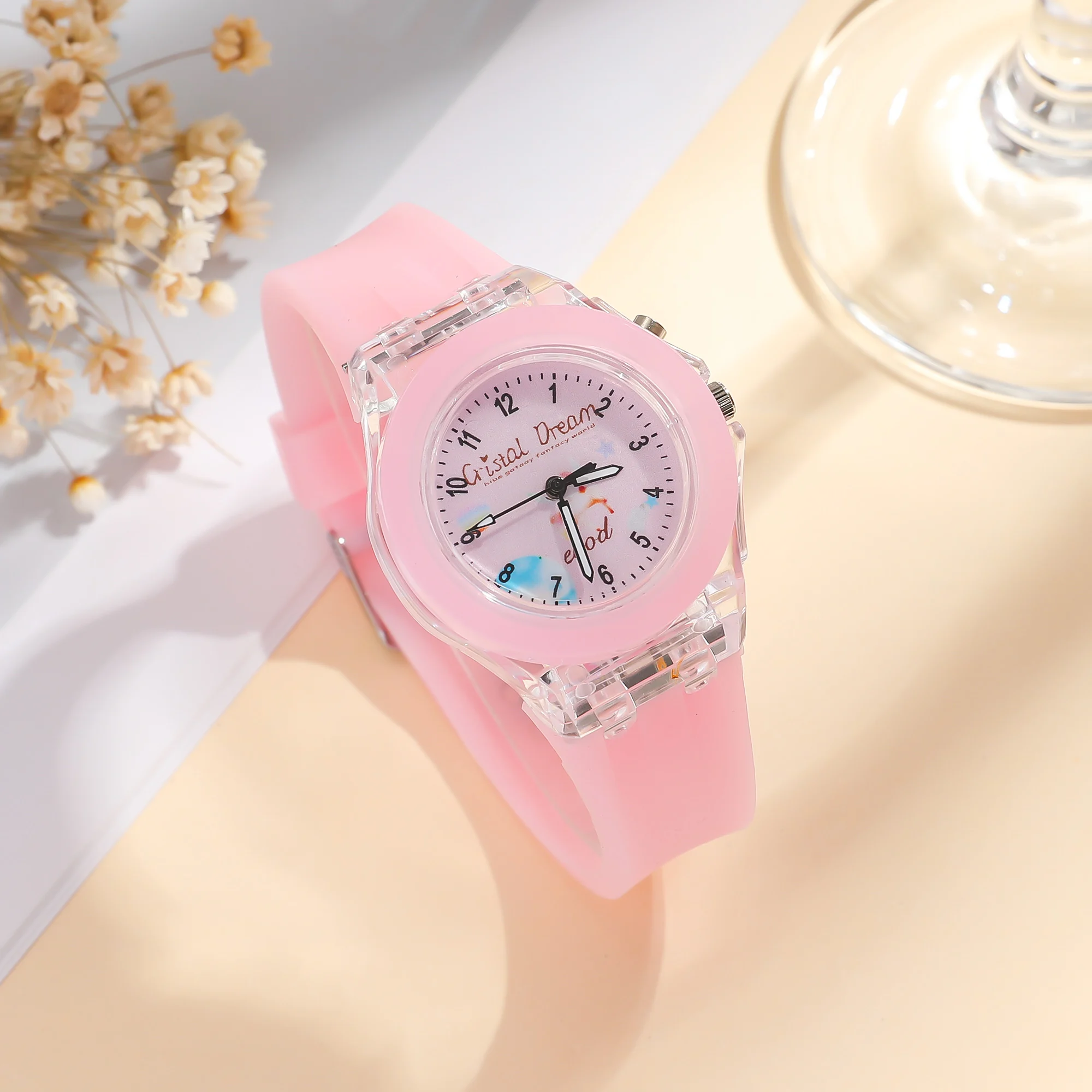 لا يوجد علبة هدية ساعة معكرون؛ سلسلة ساعة كوارتز سيليكون مضيئة مكونة من 7 ألوان من سوار الخرز مكون من قطعتين #5