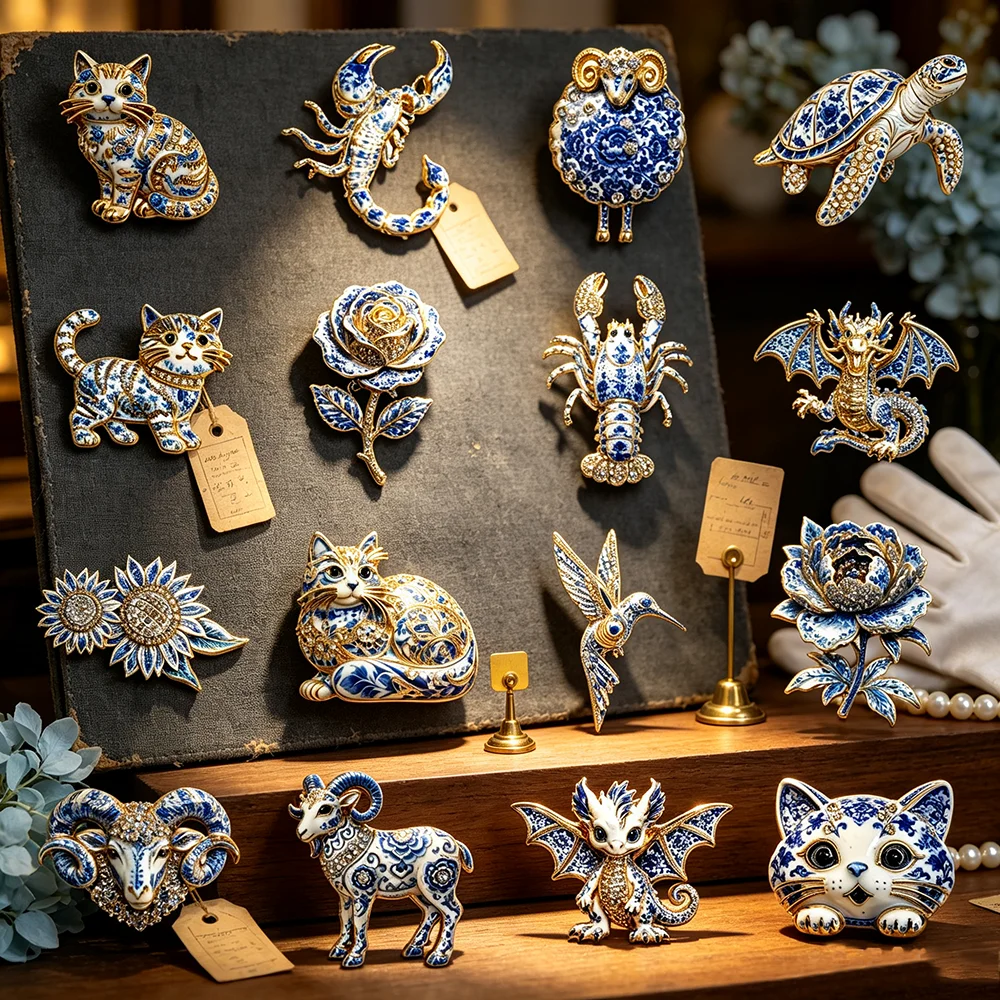 Blue White Porcelain Enamel Animal Brooch Cat Dragon Scorpion Turtle Flower Crystal Lapel Pin Vintage Scarf Bag Jewelry Gift