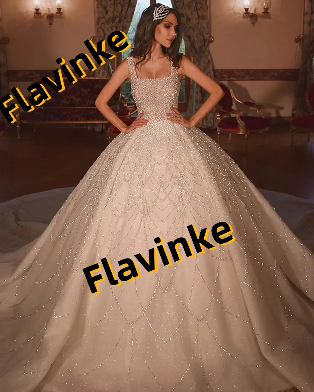 

Flavinke Customzied Women A-Line Wedding Dresses 2025 Square Collar Sleeveless Bridal Gown Sequins Sweep Train Vestidos De Novia