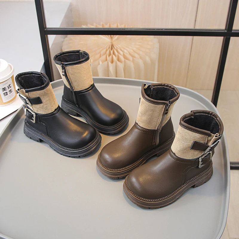 

Children Short Boots Korean Style Kids Leather Boots Fashion Round Toes 2025 Autumn Winter New Girls Princess Boots Side Zipper