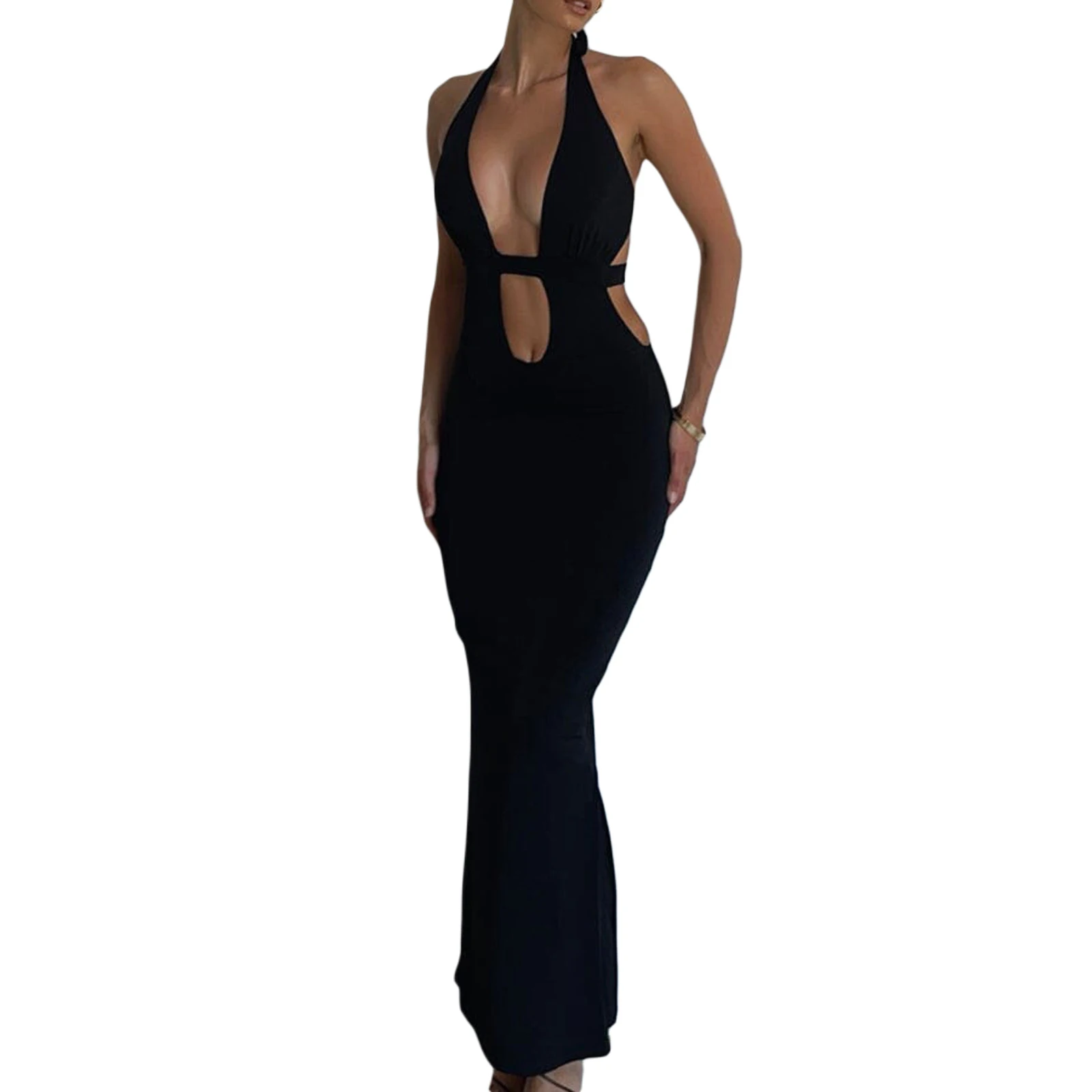 

Women Sexy Halterneck Tie-up Cocktail Party Dress Summer Solid Color Sleeveless Backless Cutout Bodycon Long Dress Streetwear