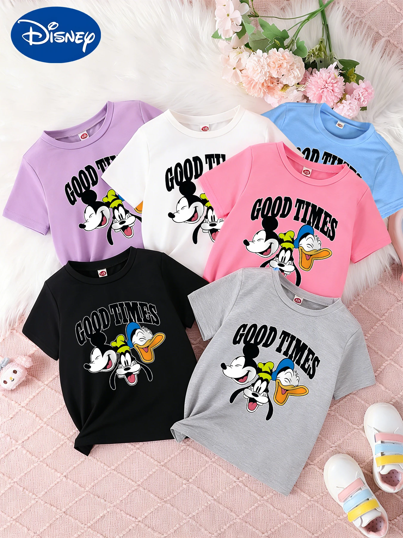 

Детская одежда для мальчиков и девочек, футболки с принтом Disney Mickey Mouse, Goofy, Donald Duck Happy Time, свободные рубашки с короткими рукавами.